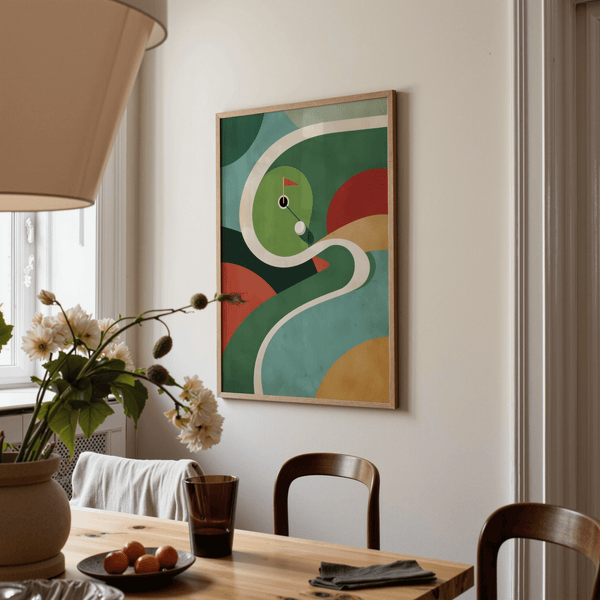 Geometric Golf Art Print in Blue and Beige with putting green and arcing paths