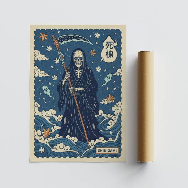 Graphic skeleton figure poster with scythe and “SHINIGAMI” label