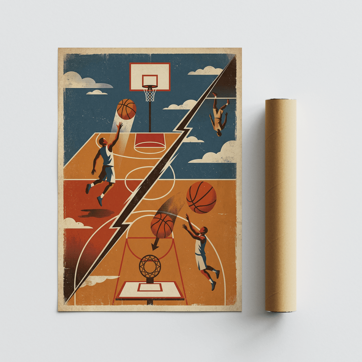 Distressed basketball wall art with cloud shapes and bold diagonal composition