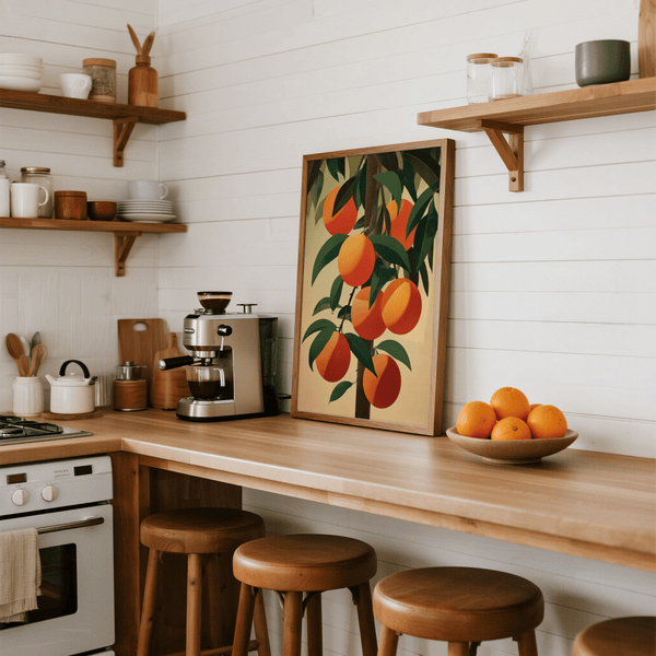 Orange Tree Art Print with beige background for living room decor