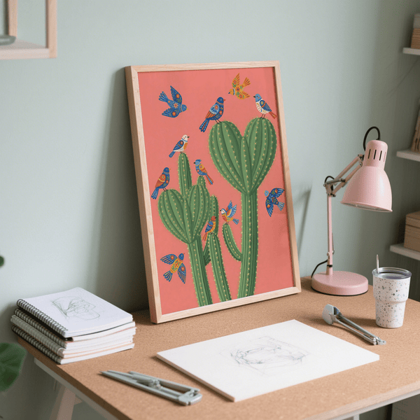 Modern Cactus Poster Print wall art with birds, green and pink for nursery