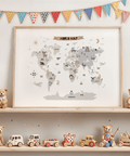 Childs World Map art print for kids bedroom, Multicolored, Gray, White modern style