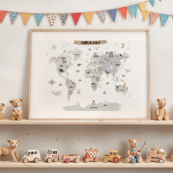 Childs World Map art print for kids bedroom, Multicolored, Gray, White modern style