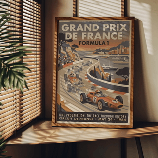 Retro motorsport wall art featuring multiple race cars and bold event typography
