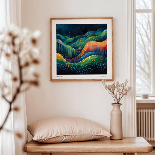 Vibrant scenic wall art with flowing gradient hills and dots