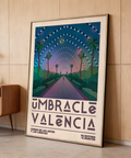 Graphic Valencia City Poster with central path, palm trees, and arched lights
