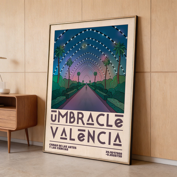 Graphic Valencia City Poster with central path, palm trees, and arched lights