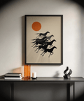 7 Horses Wall Art minimalist design featuring orange sun above equine forms
