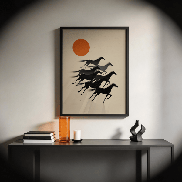 7 Horses Wall Art minimalist design featuring orange sun above equine forms