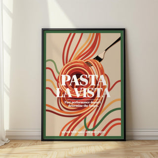 Bold spaghetti swirl art with text "Pasta La Vista" featured in dining room prints.