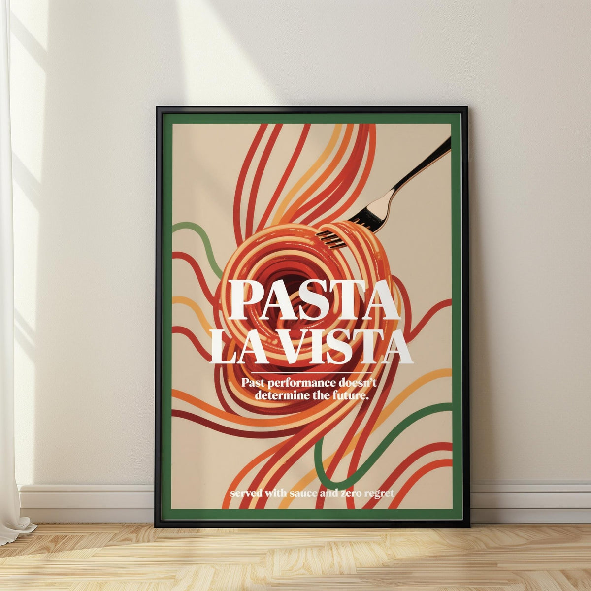 Bold spaghetti swirl art with text "Pasta La Vista" featured in dining room prints.