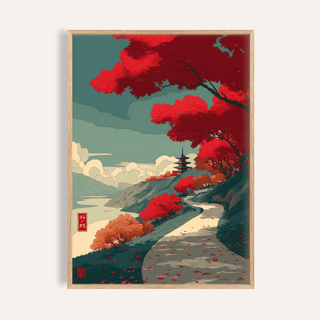 Framed scene of Autumn Forest Wall Art poster with winding path and distant pagoda
