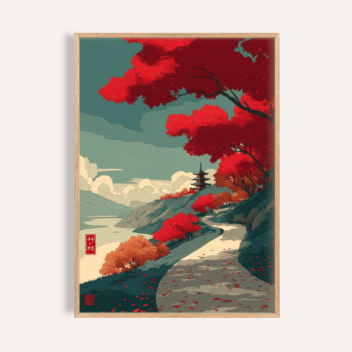 Framed scene of Autumn Forest Wall Art poster with winding path and distant pagoda