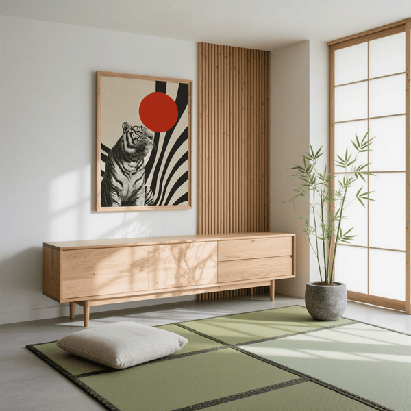 Abstract living room wall art, Modern Tiger Poster in Red Black Beige