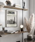 Monochrome city poster print showing Westminster Palace along the River Thames