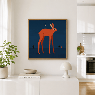 Modern rabbit poster artwork with tall ears, long legs, and horizon line