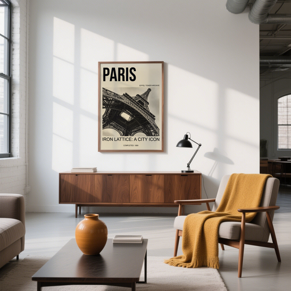 Vintage style travel art of the Eiffel Tower with PARIS typography headline