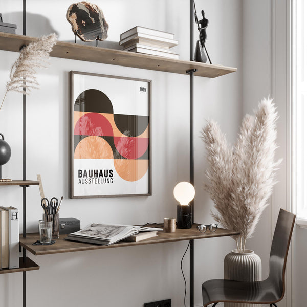 Bauhaus-style home office wall art with bold semi-circle composition