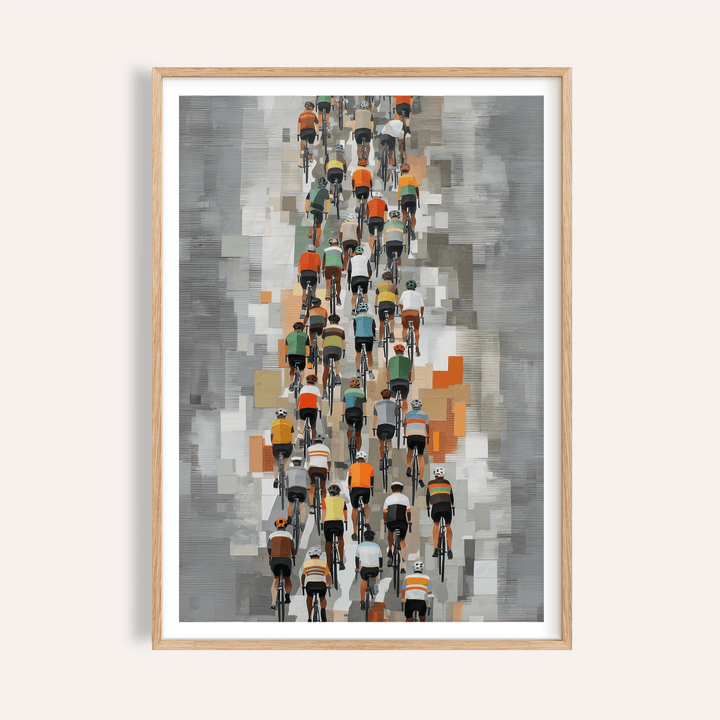 Overhead view of peloton illustration with layered block background