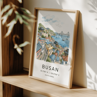 Minimal travel poster print with BUSAN text and coordinate line