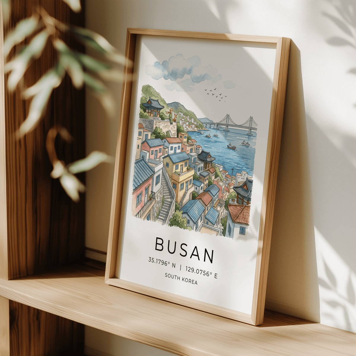 Minimal travel poster print with BUSAN text and coordinate line