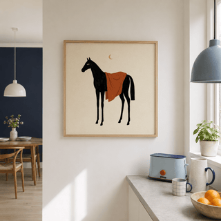 Modern animal print showing a tall horse with an orange drape
