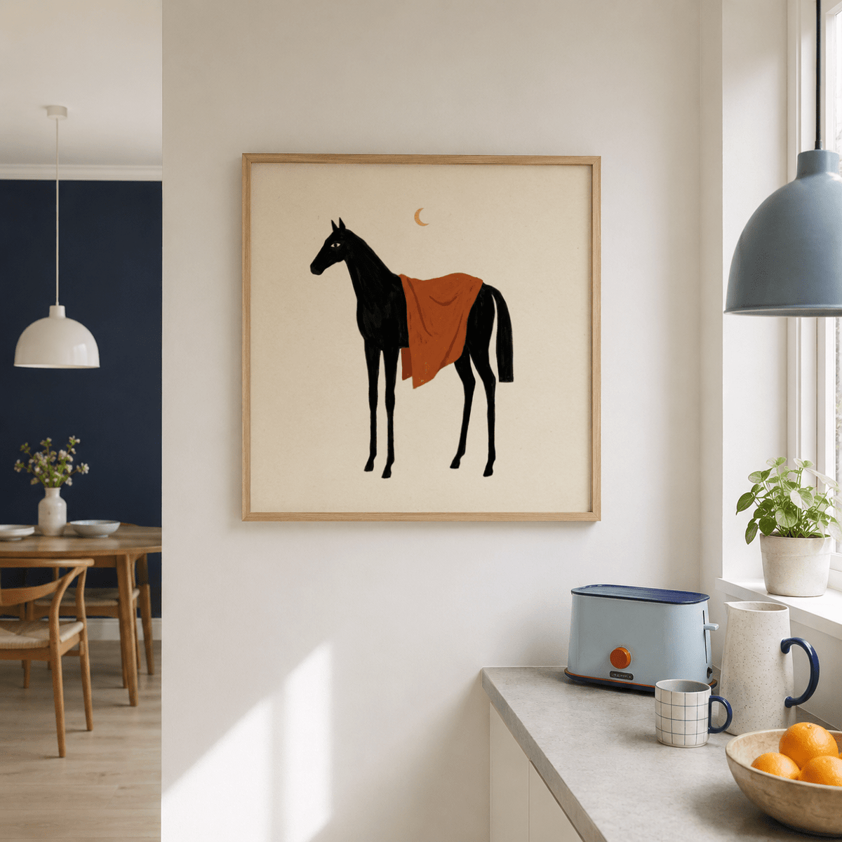 Modern animal print showing a tall horse with an orange drape