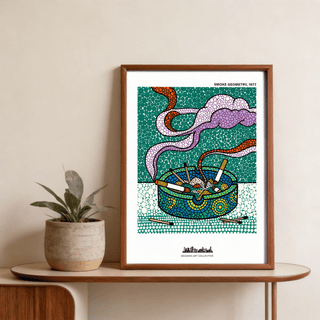 Illustrated poster with dense dot-grid background and bold-outlined smoke clouds over an ashtray