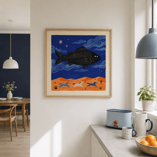 Central Whimsical Fish Art Print featuring a black fish above running horses