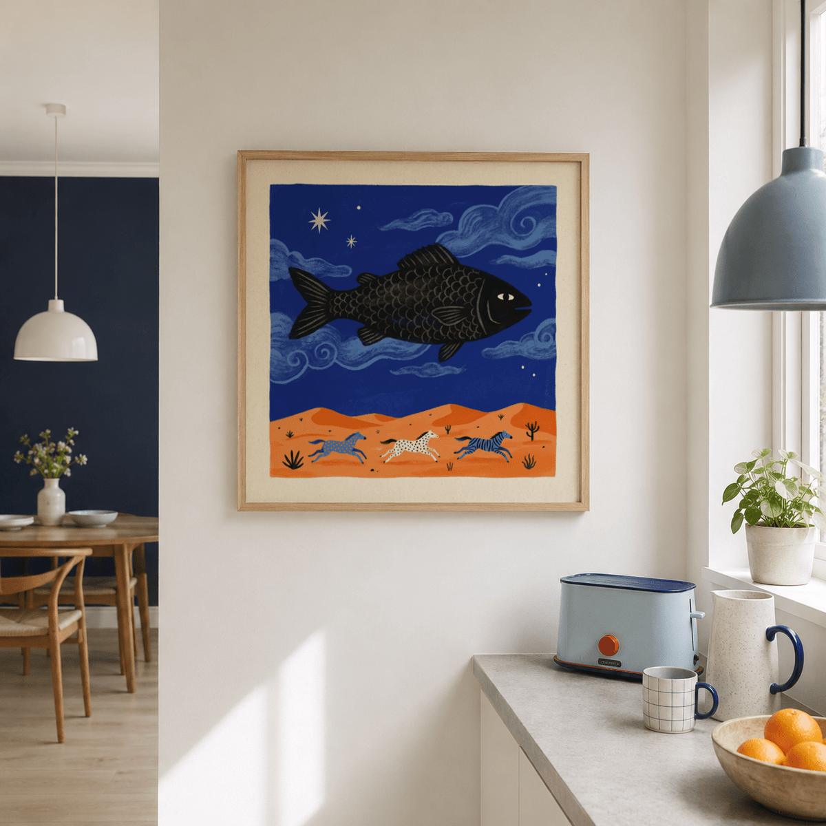 Central Whimsical Fish Art Print featuring a black fish above running horses
