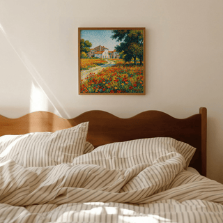 Flower Field Art Print featuring multicolored countryside scene for bedroom