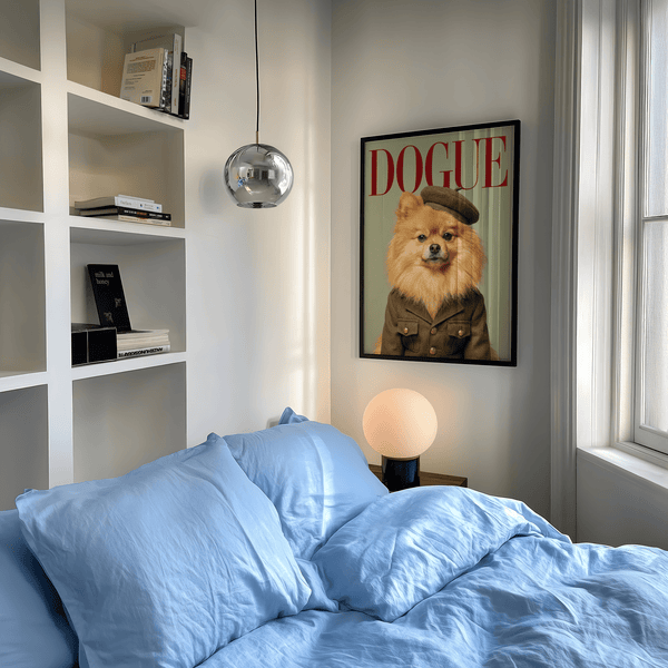 Pomeranian Soldier Art with beige background and gold details for den