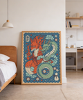 Mythical Creature Wall Art with intertwined kitsune and dragon illustration