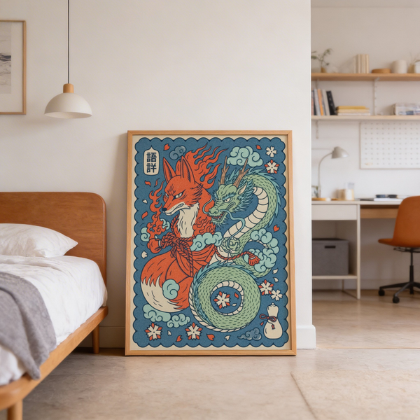 Mythical Creature Wall Art with intertwined kitsune and dragon illustration