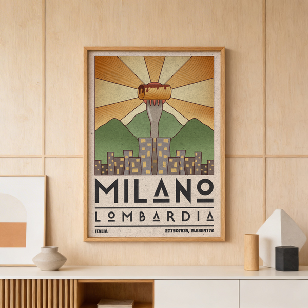 Milano Art Print poster style with central tower and geometric lettering