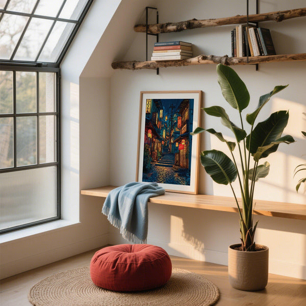 Wooden buildings and lanterns in japanese drawing for home wall