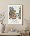 Front-view poster print of Havana street scene with convertible car and palm-lined waterfront