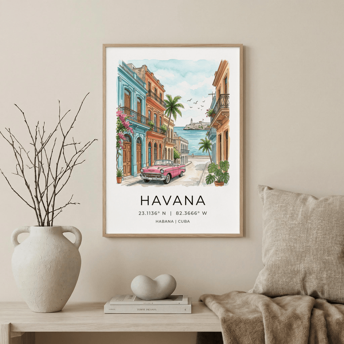 Front-view poster print of Havana street scene with convertible car and palm-lined waterfront