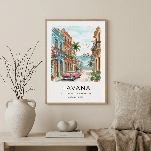 Front-view poster print of Havana street scene with convertible car and palm-lined waterfront