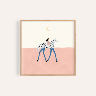 Minimalist illustration poster of a spotted horse with a rider and crescent moon