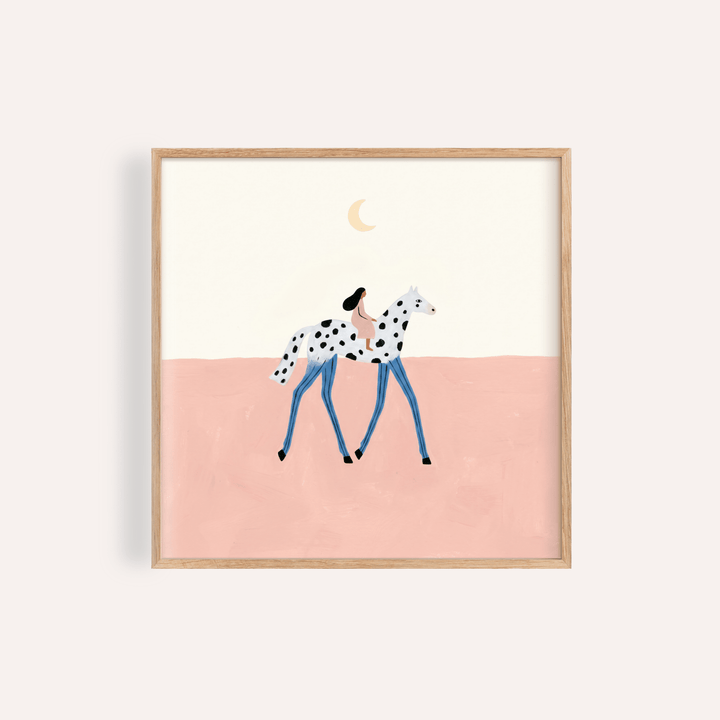 Minimalist illustration poster of a spotted horse with a rider and crescent moon