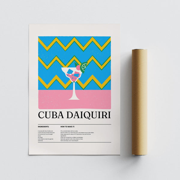 Alcohol artwork with mid-century color blocks and classic drink recipe.