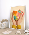 Artistic Colorful Coffee Mug Art poster with pink and yellow for hallway wall