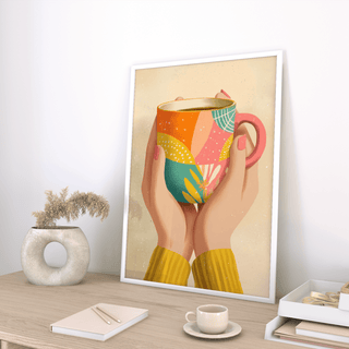 Artistic Colorful Coffee Mug Art poster with pink and yellow for hallway wall
