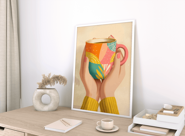 Artistic Colorful Coffee Mug Art poster with pink and yellow for hallway wall