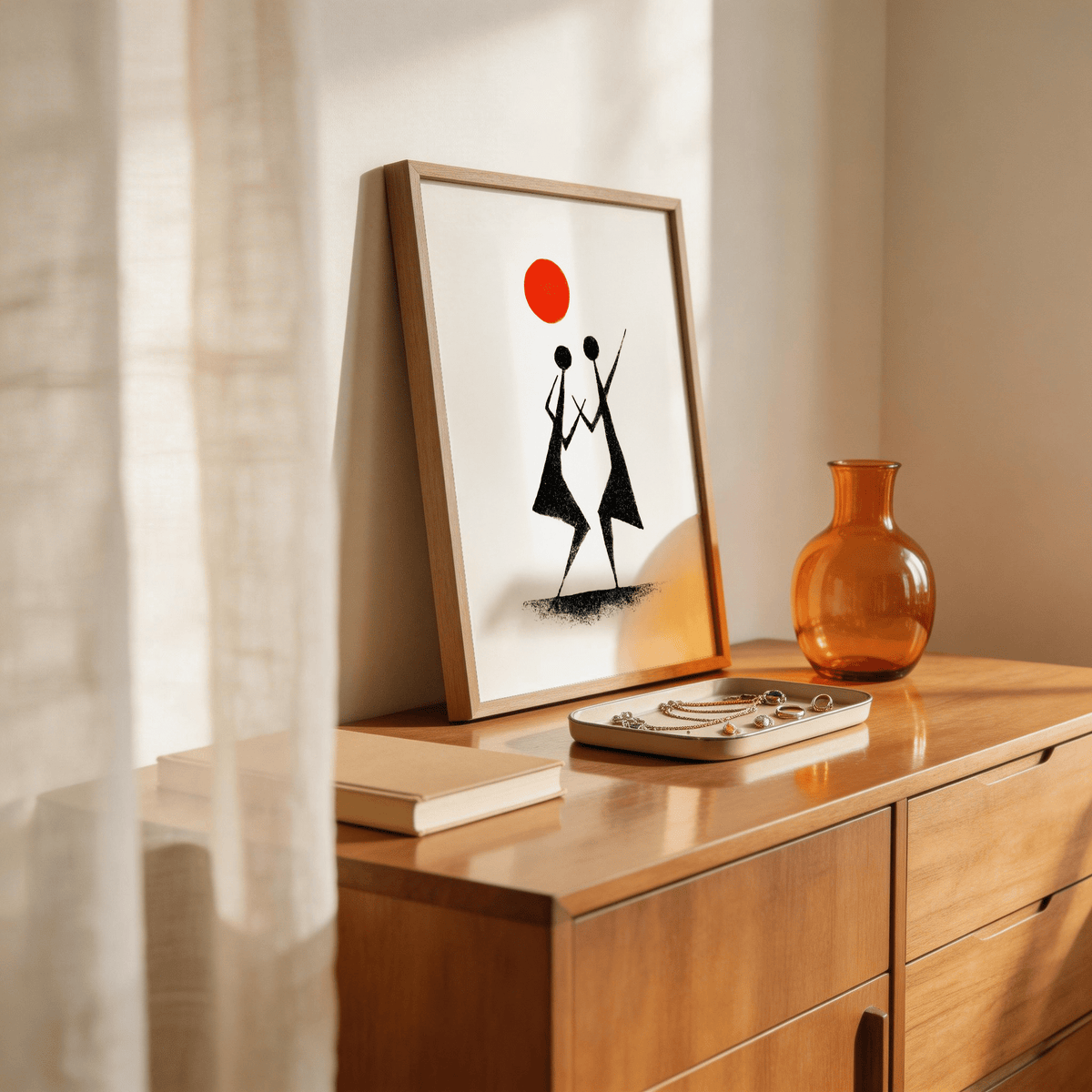 Warli Folk Art Print showing two dancing silhouettes under a sun