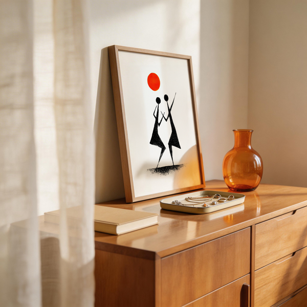 Warli Folk Art Print showing two dancing silhouettes under a sun