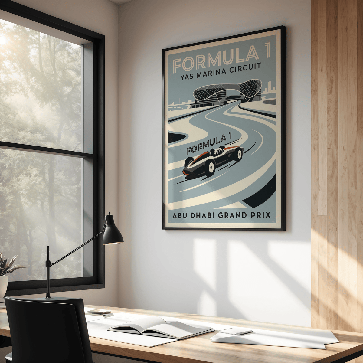 Wide view of Formula 1 Wall Art featuring Abu Dhabi Grand Prix text and racetrack curves