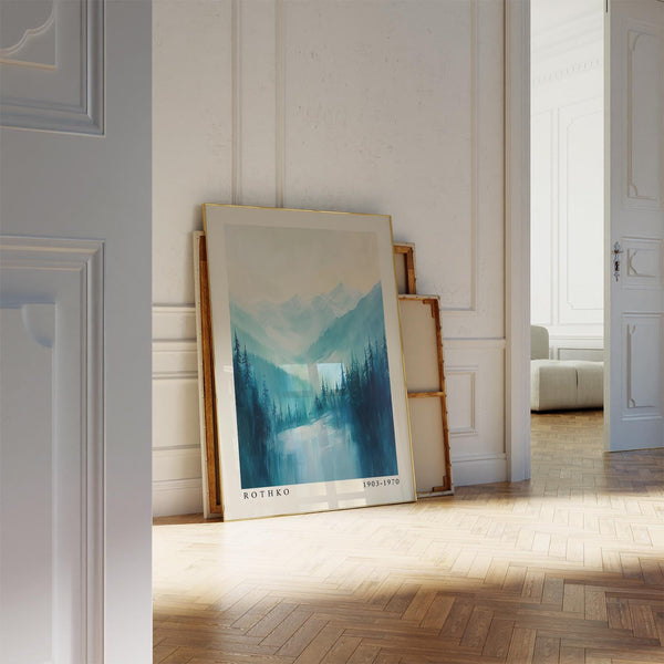 Rothko-style nature prints featuring layered trees and misty peaks.