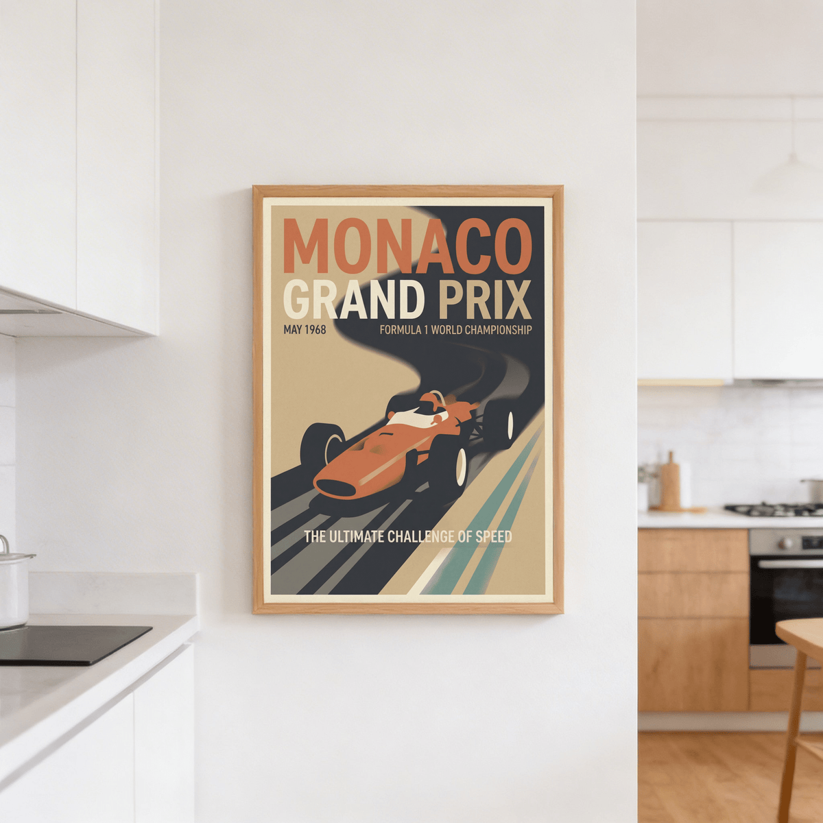 Stylized diagonal lane lines suggesting speed behind classic F1 vehicle illustration
